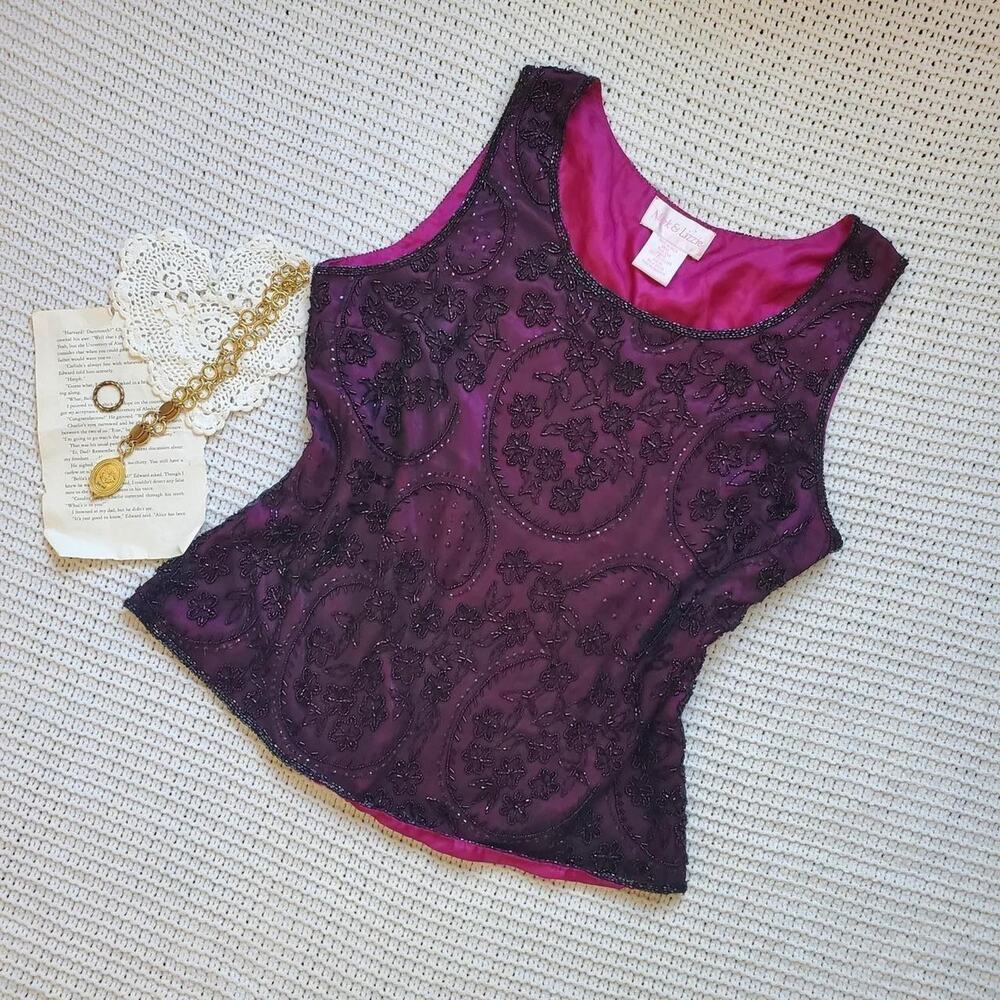 Vintage 100% silk lining completely floral beaded micromesh tank top